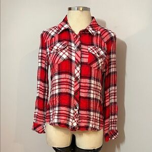Red Blue and White Plaid Button Down Collard Shirt for Women Soft & Casual